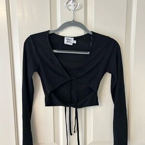 Princess Polly Black Ribbed Double Tie-Front Long Sleeve Crop Top
